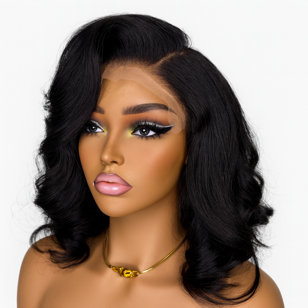 Mannequin head with a black wig on a white background