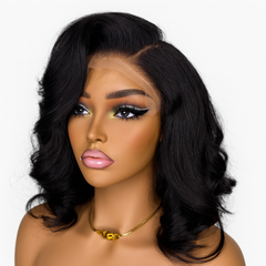 Mannequin head with a black wig on a white background